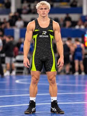 ROAR Men's Medium Black & Neon Green Wrestling Singlet - Performance Fit